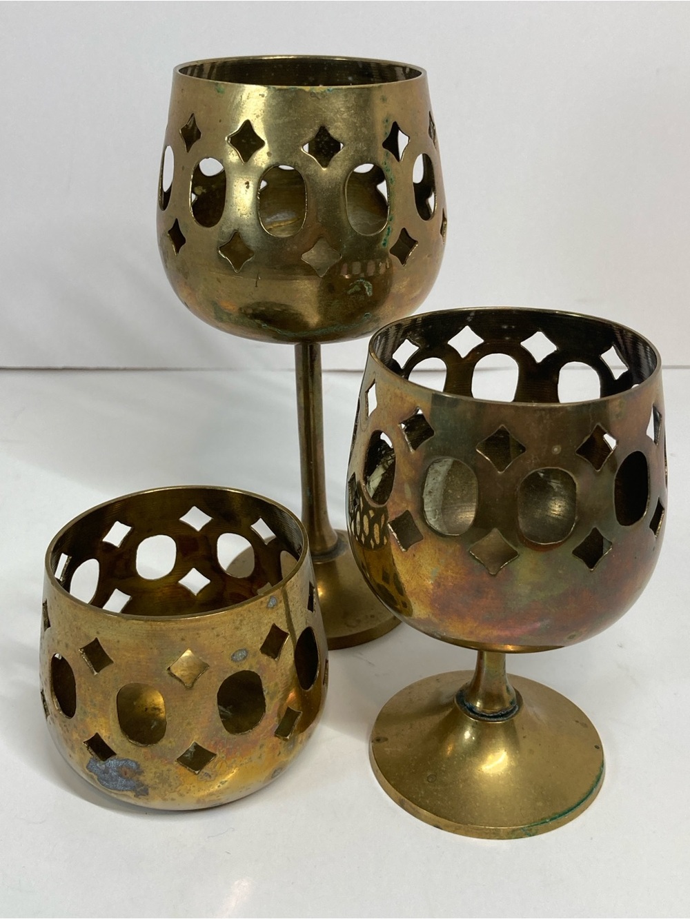 Vintage Set of 3 Brass Tea Light Candle Holders Round Cutout Shapes MCM Votive